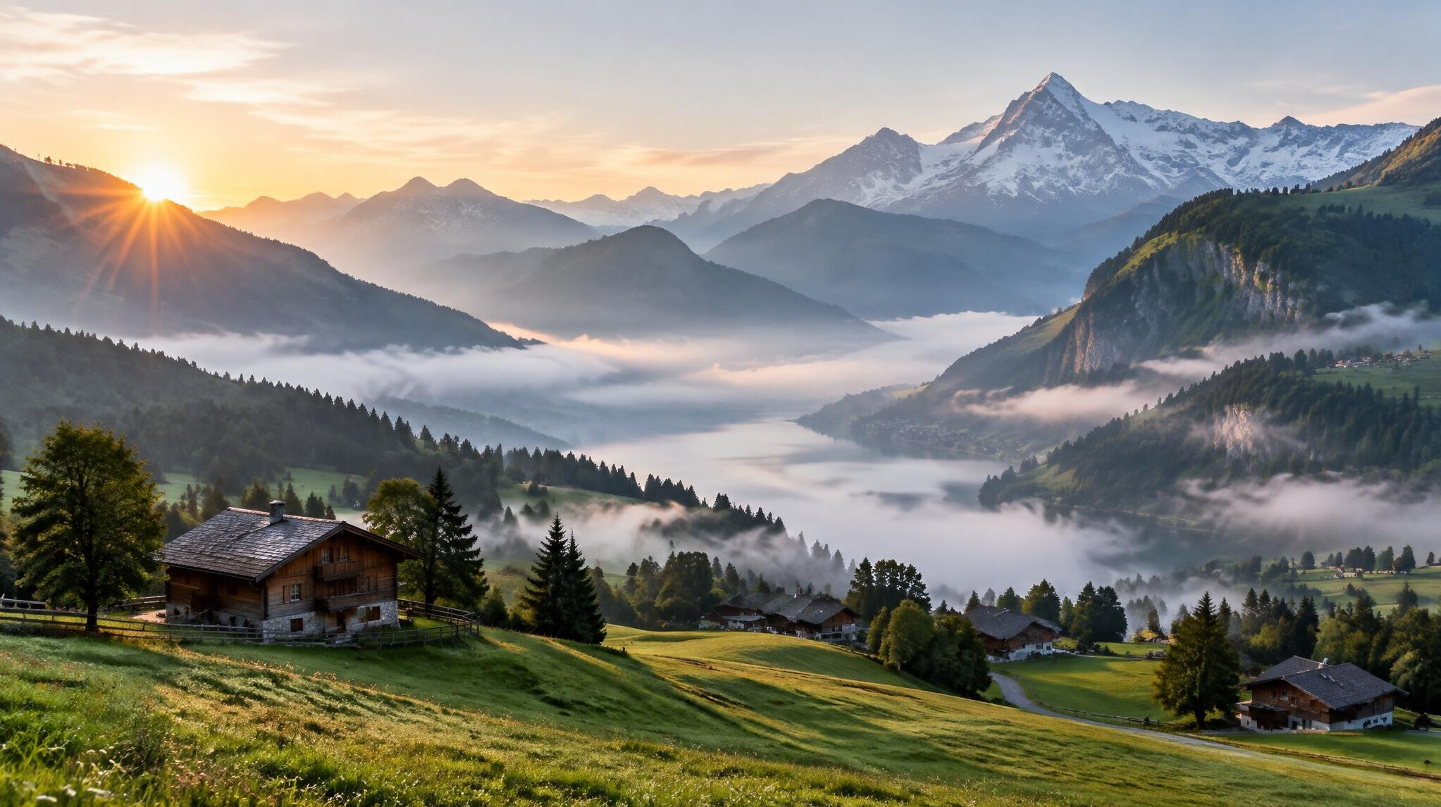 Misty green Alpine valley at sunrise
