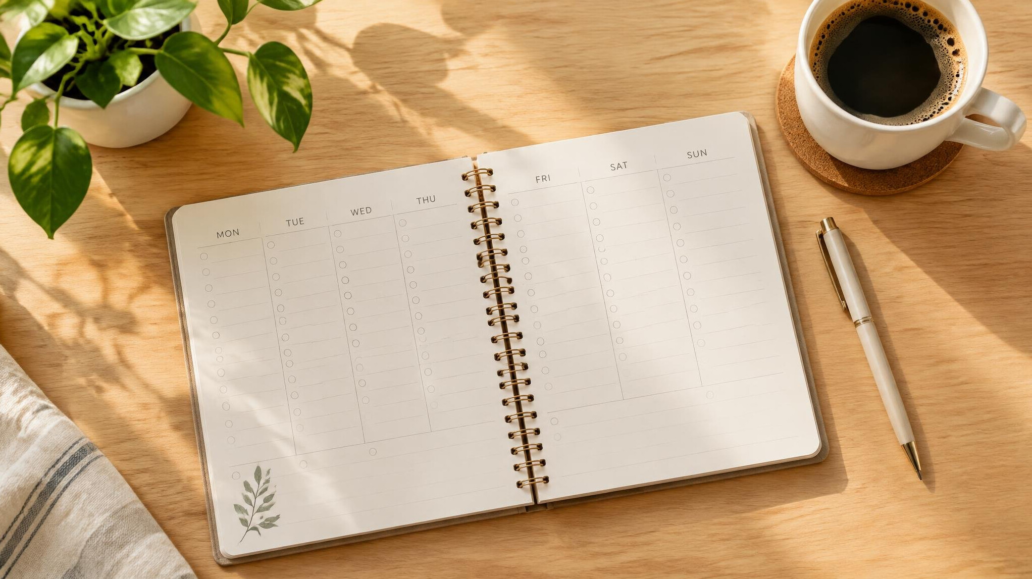 Weekly planner and calendar on a desk with coffee