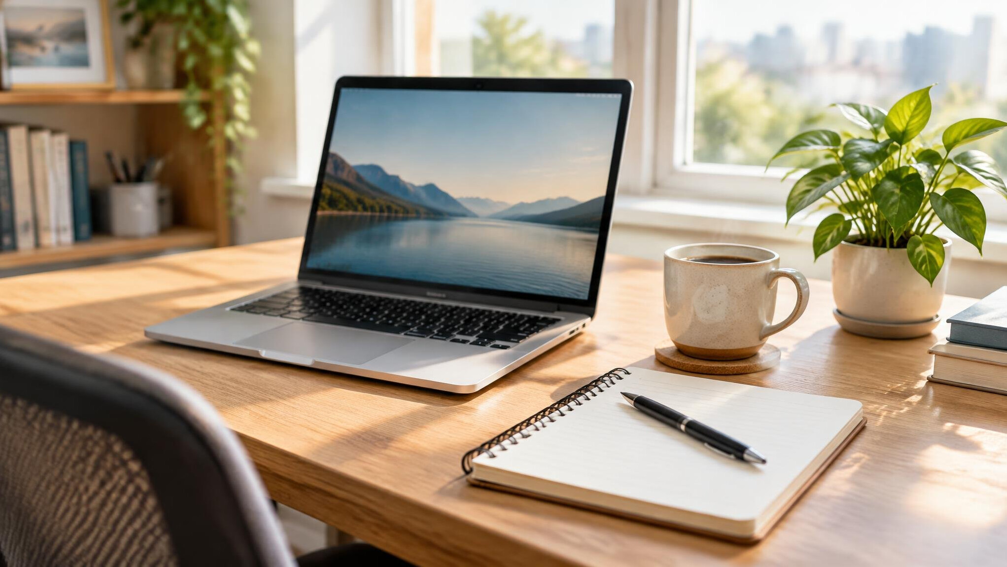 Tidy desk with laptop, notebook and coffee in morning light